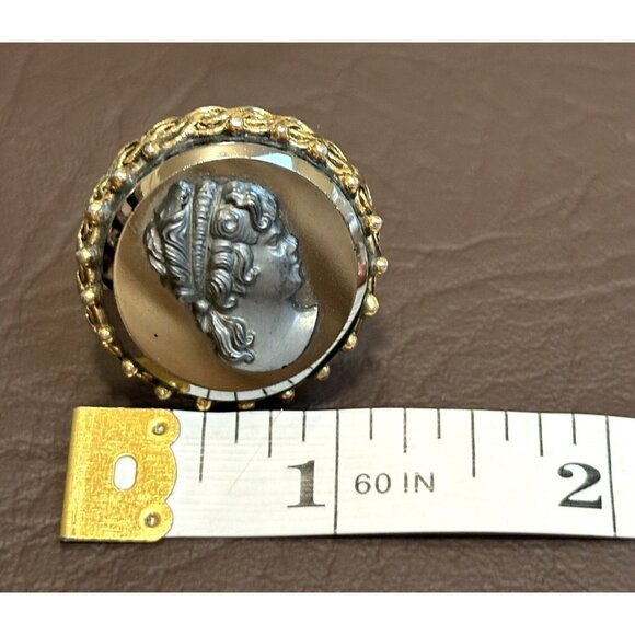 Vintage Black Cameo 70s Gold Tone Large Cocktail Ring Adjustable - Picture 7 of 8